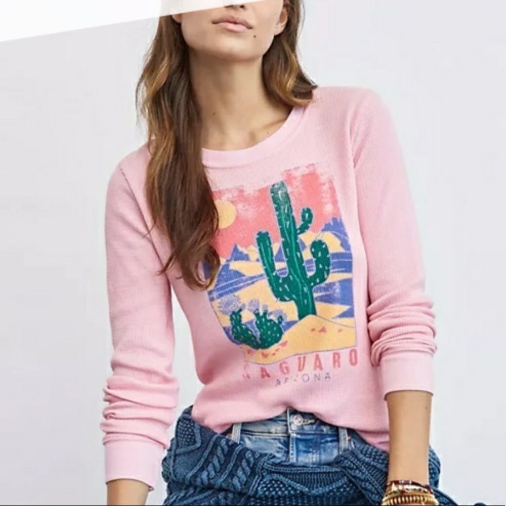 Anthropologie Saguaro Cactus Arizona Pink Waffle Thermal Long Sleeve Shirt Sz XS